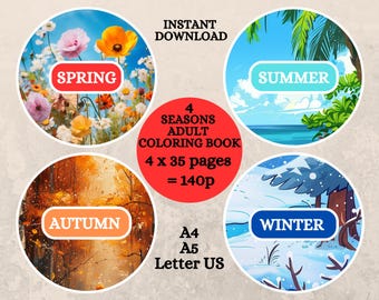 Printable Adult Coloring Book | 140 Seasonal Coloring Pages | Coloring Sheets | Instant download | PDF | A4, A5 & Letter US | Stress Relief