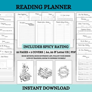 May include: A printable reading planner with 25 pages and 3 covers. The planner includes sections for book reviews, a book boyfriend list, and a reading tracker. The planner is available in A4, A5, and Letter US sizes. The image also includes three illustrations of books with floral accents.
