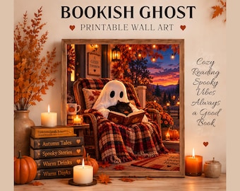 Bookish Ghost Wall Art, Cozy Reading Print, Black Cat Halloween Decor, Book Lover Gift, Autumn Fall Printable Digital Download