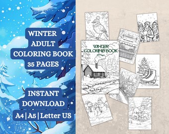 Printable Adult Coloring Book | 35 Winter Coloring Pages | Coloring Sheets | Instant download | PDF | A4, A5 & Letter US | Stress Relief