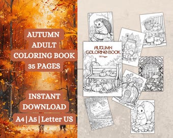 Libro para colorear imprimible para adultos, 35 páginas para colorear de otoño, láminas para colorear, descarga instantánea, PDF A4, A5 y Carta (EE. UU.), alivio del estrés