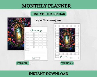 Undated Calendar, Printable calendar, Monthly Planner, Monthly Calendar, A4, A5, Letter Size, Letter US, Wall Calendar