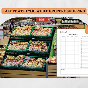 May include: A white printable meal planner with a grid for meal planning and a shopping list. The planner is in a grocery store with a display of apples in the background.