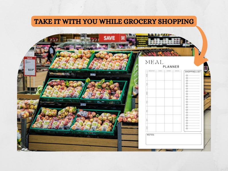May include: A white printable meal planner with a grid for meal planning and a shopping list. The planner is in a grocery store with a display of apples in the background.