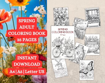 Printable Adult Coloring Book | 35 Spring Coloring Pages | Coloring Sheets | Instant download | PDF | A4, A5 & Letter US | Stress Relief