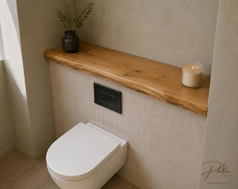 WC Ablage aus Eiche mit Naturkante | Spülkasten-Abdeckung aus Massivholz | Ablagebrett für WC-Vorwand & Gäste-WC nach Maß