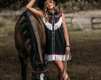 Embroidered Western Fringe Shirt Dress: Rhinestone Cowgirl Style