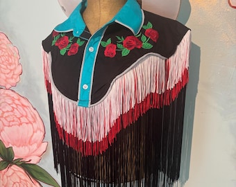 Embroidered Western Fringe Bolero, Tiered fringe bolero, embroidered flower western, rodeo queen dress, fringe western