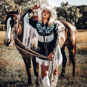 Western Dress, fringe western shirt, shirt dress, embroidered fringe western dress, cowgirl dress