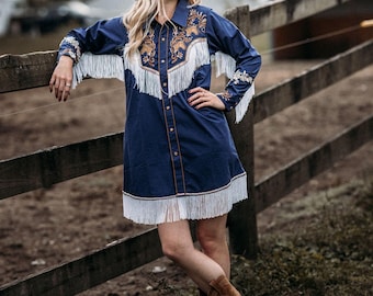 Embroidered Horse Western Dress with Rhinestone Fringe