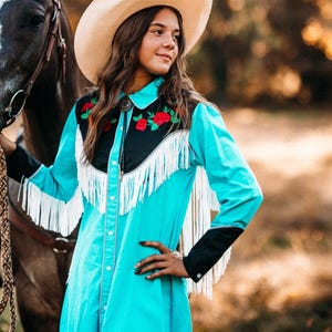 Western Dress, fringe western shirt, shirt dress, embroidered fringe western dress, cowgirl dress