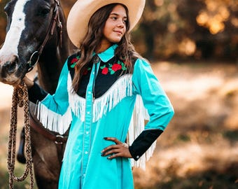 Embroidered Fringe Western Shirt Dress - Cowgirl Style
