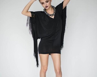 Black Fringe Dress, Batwing Sleeve, Boho Festival Style - Etsy Black Fringe Dress, Batwing Sleeve, Boho Festival Style - Etsy