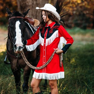 red cowgirl dress R&R BURG Sweater with Fringe BWD2R02042 S Dont forget to complete the look with Shea Baby Boots and accessories! Red Western Dresses for Women