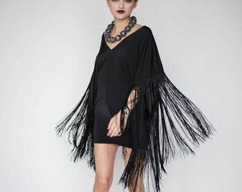 Black Fringe dress, boho fringe dress, black boho fringe, long fringe dress, fringe dress, stevie nicks, boho dress, hippie dress, festival