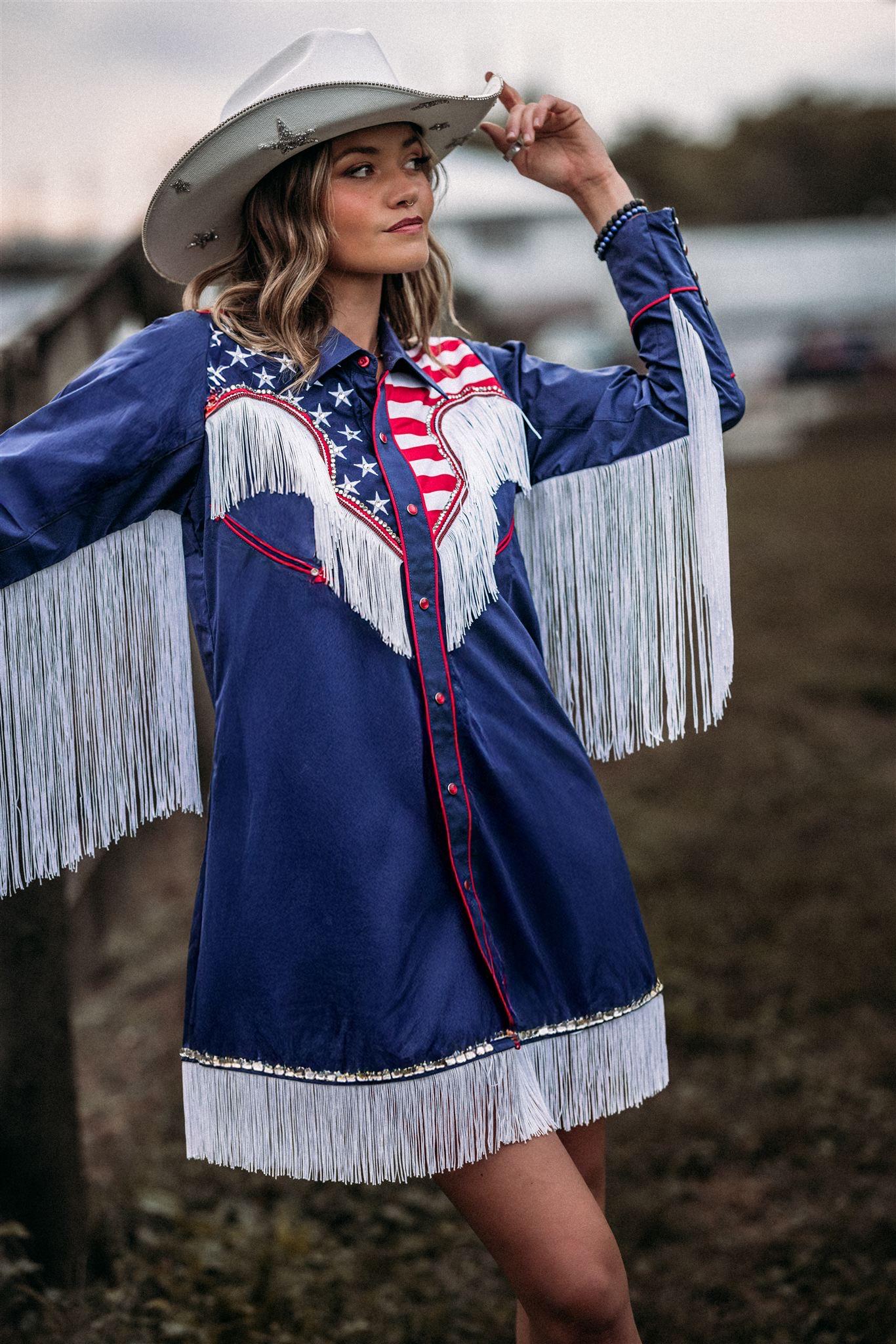 Rhinestone Stars and Stripes Western Fringe Dress