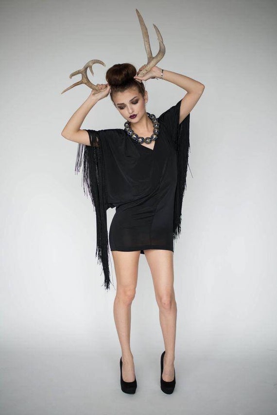 Black Fringe Dress, Batwing Sleeve, Boho Festival Style - Etsy Black Fringe Dress, Batwing Sleeve, Boho Festival Style - Etsy