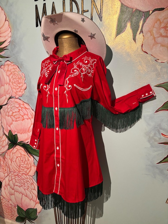 Embroidered Fringe Western Shirt Dress, Christmas Holiday Embroidered Fringe Western Shirt Dress, Christmas Holiday