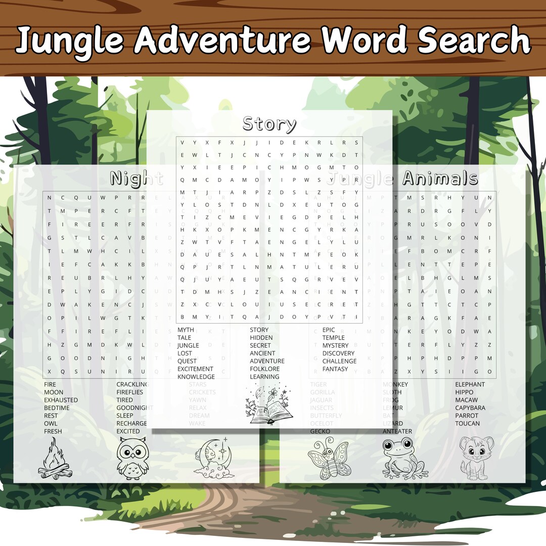Jungle Adventure Word Search Puzzle Book for Kids, Printable Activity ...