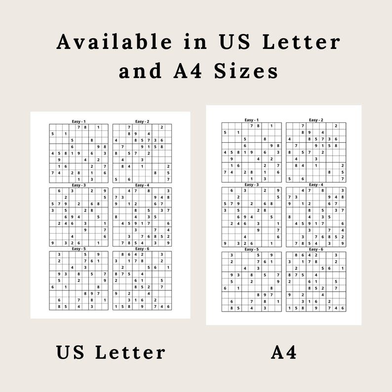 Puede incluir: Dos p&aacute;ginas de Sudoku f&aacute;ciles, impresas en papel blanco. Los rompecabezas est&aacute;n etiquetados como "F&aacute;cil-1" a "F&aacute;cil-6". Las p&aacute;ginas est&aacute;n etiquetadas como "US Letter" y "A4".