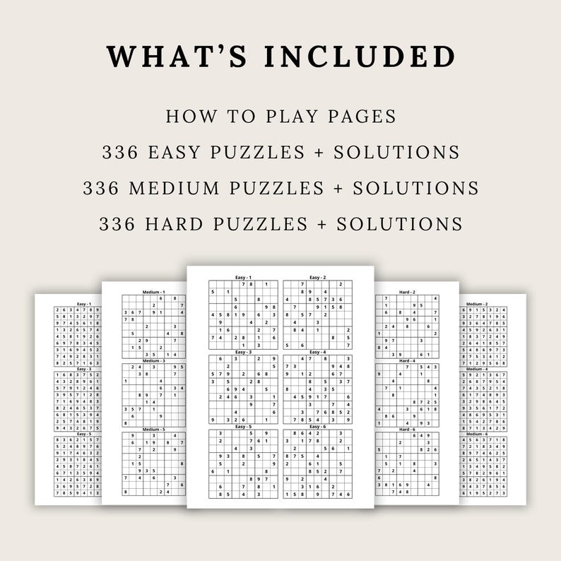 Puede incluir: Un conjunto de rompecabezas de Sudoku imprimibles con 336 rompecabezas f&aacute;ciles, 336 rompecabezas medios y 336 rompecabezas dif&iacute;ciles, cada uno con una soluci&oacute;n. Los rompecabezas est&aacute;n impresos en papel blanco con tinta negra.