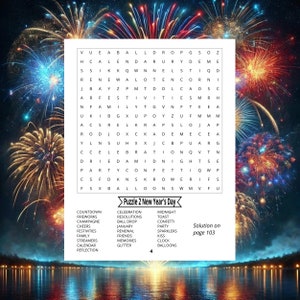May include: A colorful New Year's Day word search puzzle with fireworks in the background. The puzzle includes words like countdown, celebration, midnight, toast, confetti, party, sparklers, kiss, clock, and balloons. The solution is on page 103.