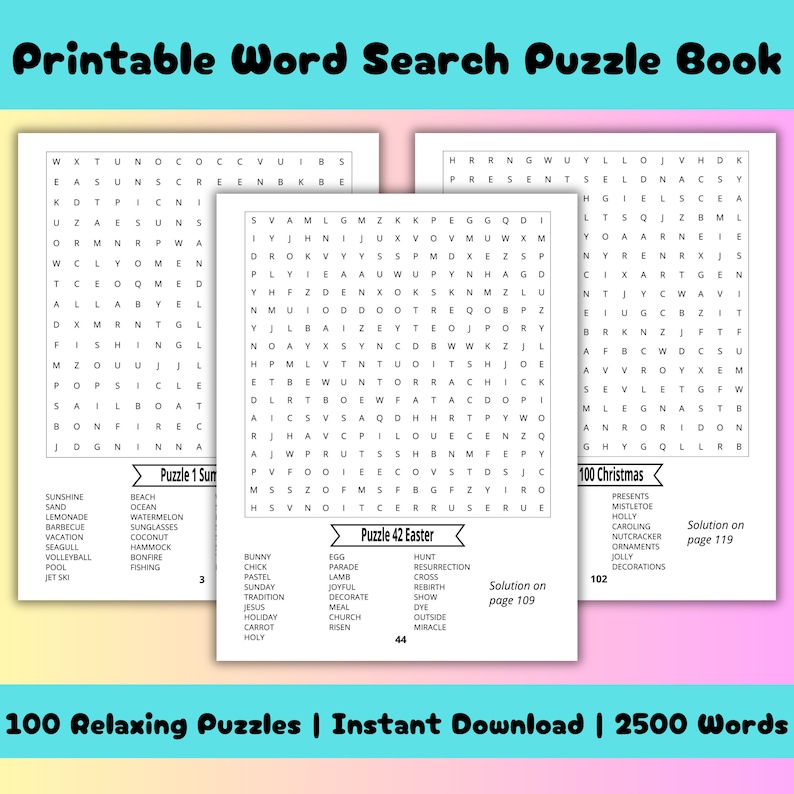 100 Printable Word Search Puzzle Book Instant Digital Download Large 100 Printable Word Search Puzzle Book Instant Digital Download Large