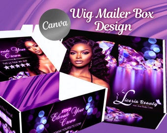 Custom Wig Box Design, Purple Branding (Canva File)