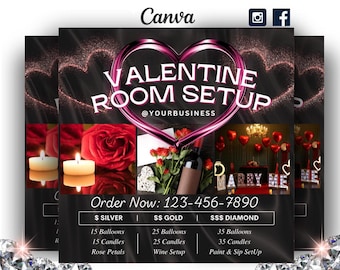 Valentine Room Setup Flyer, Editable Party Rentals (Canva Template)
