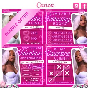 Könnte beinhalten: Rosa-weißes Grafik mit Valentinstag-Thema. Die Grafik zeigt eine Frau mit langen blonden Haaren, ein rosa Herz und den Text "Be My Valentine Client?" und "Books Open".