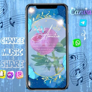 Invitation numérique Quinceanera, Sweet 15, invitation d'anniversaire modifiable, modèle de fête Quinceañera, invitation texte Evite, carte électronique de joyeux anniversaire pour adolescents