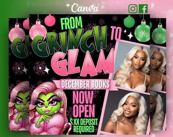 Grinchmas Glam December Booking Flyer, Lash Braid Nail Wig (Canva Template)
