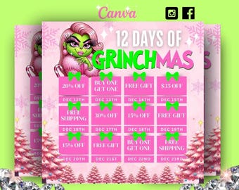 12 Days of Grinchmas Sale Flyer, December Booking Calendar (Digital Download)