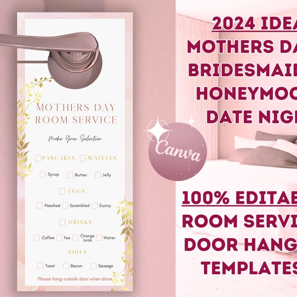 EDITABLE Room Service Door Hanger, INSTANT DOWNLOAD, Mother Day Idea, Newlywed Anniversary Bed & Breakfast, Printable Editable Thank You Tag