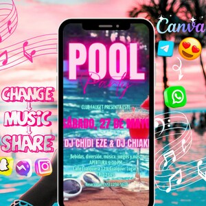 Girls Pool Party Text Invite, Canva Template, Pool Birthday Evite, Adult Trip Invite, Pool Invitation template, Neon Pink Tropical Invite