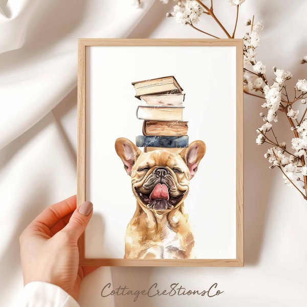 French Bull Dog & Books Printable Art, Dogs nursery prints, Kids Printable Art, Nursery Decor, dogs with books, reading novel