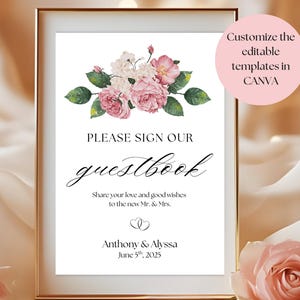 Wedding Guestbook Sign,  Guest Book Table Sign for Wedding, Engagement Party, Printable Wedding Reception Decor, Canva Template