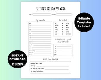 Team Bonding: Editable Getting to Know You Questionnaire & Favorite Things List