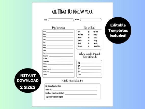 Team Bonding: Editable Getting to Know You Questionnaire & Favorite Things List