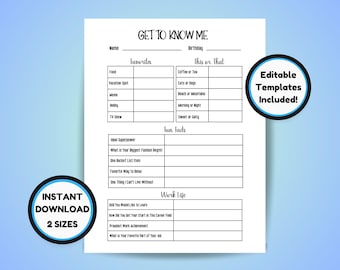 Get to Know Me Questionnaire, Favorite Things, Team Building Get To Know Your Staff -  Instant Download PDF and Editable Templates