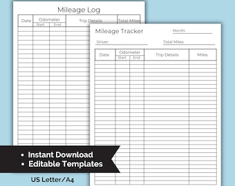 Mileage Tracker Letter Size & A4  PDF Instant Download, Editable Templates