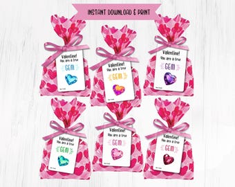 Printable Gem Valentine Cards, Classroom Favor Tags (Digital Download)