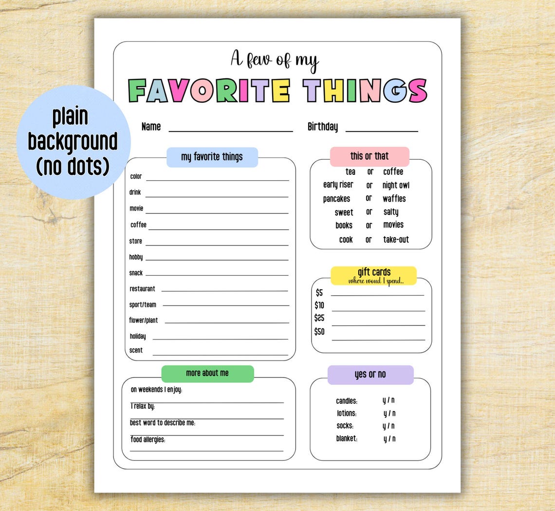 My Favorite Things Form, Get to Know Me, Printable Favorite Things List ...