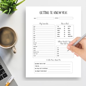 May include: A printable "Getting to Know You" worksheet with sections for listing personal favorites, answering "this or that" questions, and answering questions about spending money, hidden talents, and more.