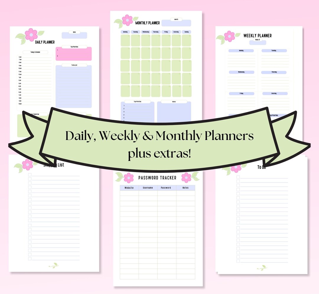 Planner Includes Pink Flower Planner - Includes To-do List, Shopping List, and Password ...