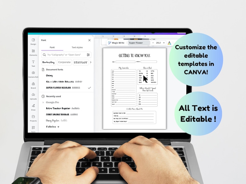 May include: A laptop computer screen displaying a printable "Getting to Know You" template in Canva. The template is a black and white questionnaire with sections for "My Favorites", "Who or What", "Where Would I Spend My Ideal Day", and "A Little More About Me". The text on the screen is editable.