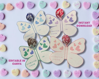 Printable Butterfly Lollipop Valentine Cards, Editable Treat Tags (Digital Download) Party Favors