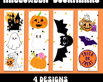 Może przedstawiać: Cztery projekty zakładek do książek na Halloween do wydrukowania, przedstawiające ducha, dynię, nietoperza i dynię w kubku. Zakładki są białe w pomarańczowe i czarne kropki.