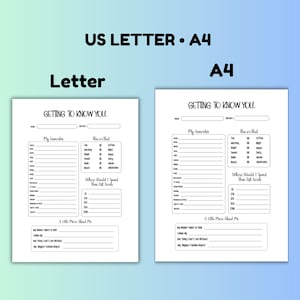 May include: A printable getting to know you worksheet in black and white. The worksheet has sections for listing favorites, likes and dislikes, and where you would spend time off grid. The worksheet is available in US Letter and A4 sizes.