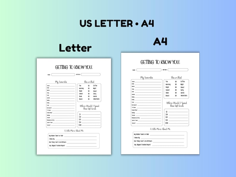May include: A printable getting to know you worksheet in black and white. The worksheet has sections for listing favorites, likes and dislikes, and where you would spend time off grid. The worksheet is available in US Letter and A4 sizes.